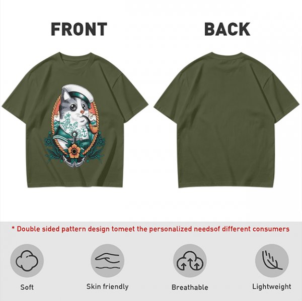 Olive T-Shirt With Sailor Cat Tattooed Pipe Design