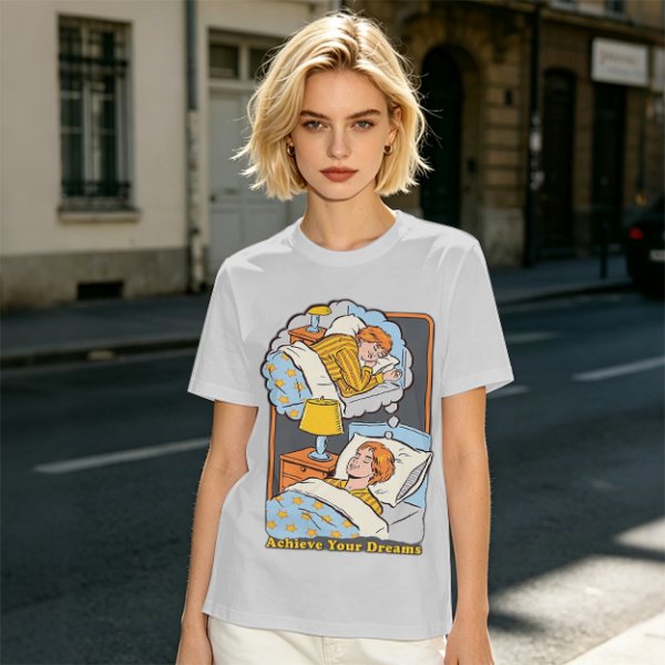 Olive graphic t-shirt with sleeping person and 'Achieve Your Dreams' text