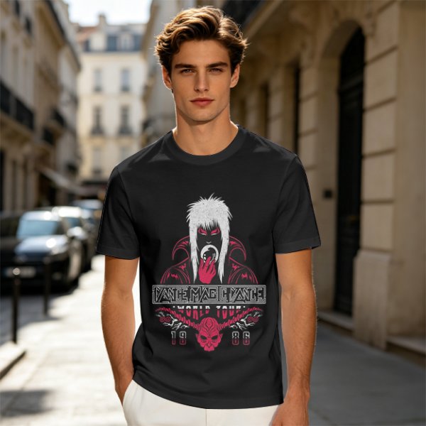 Olive graphic tee with dark fantasy character and tour print