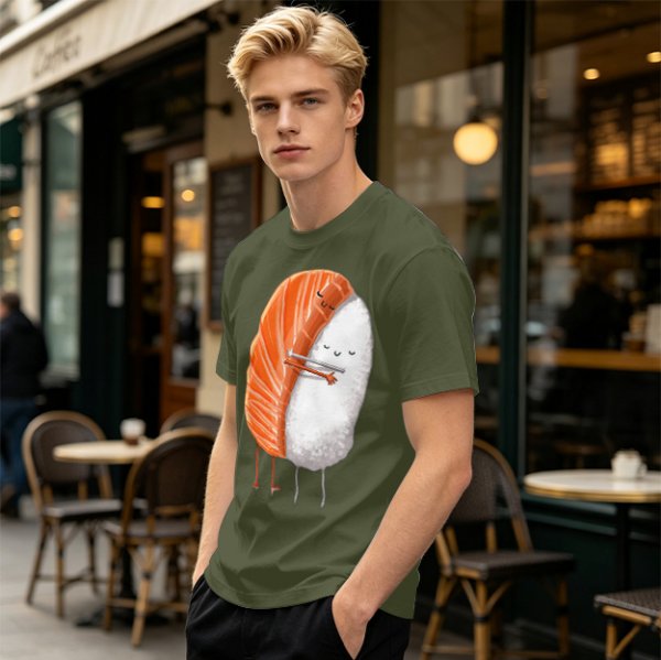 Olive T-shirt with Cute Hugging Salmon Sushi and Rice Print