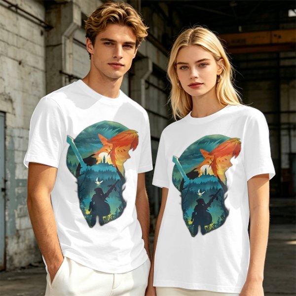 Olive green t-shirt with fantasy warrior silhouette graphic