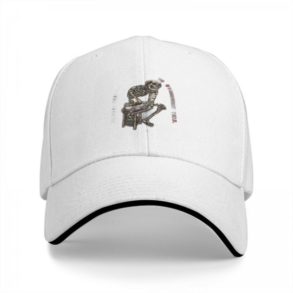 Black baseball cap with skeleton sitting on stool graphic