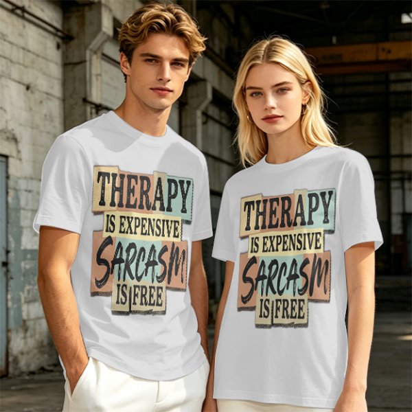 Olive graphic tee with 'Therapy is expensive sarcasm is free' print