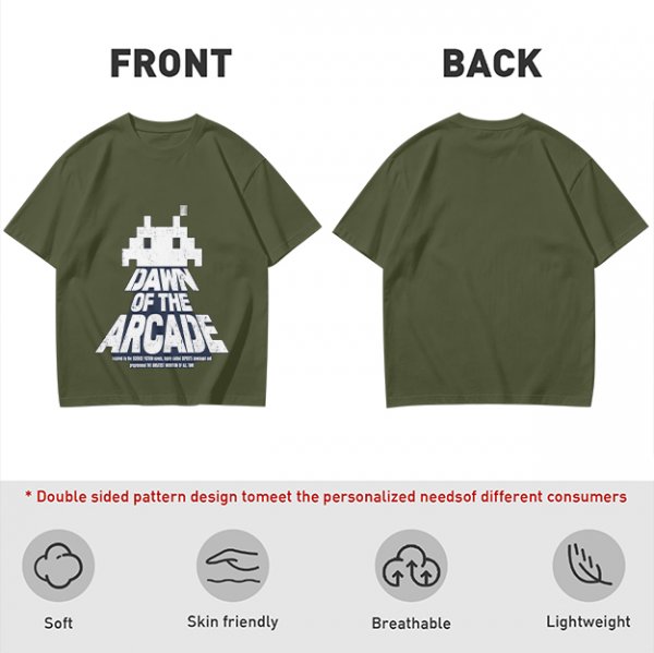 Olive T-Shirt with Retro Arcade Space Invader Graphic and Dawn of the Arcade Text