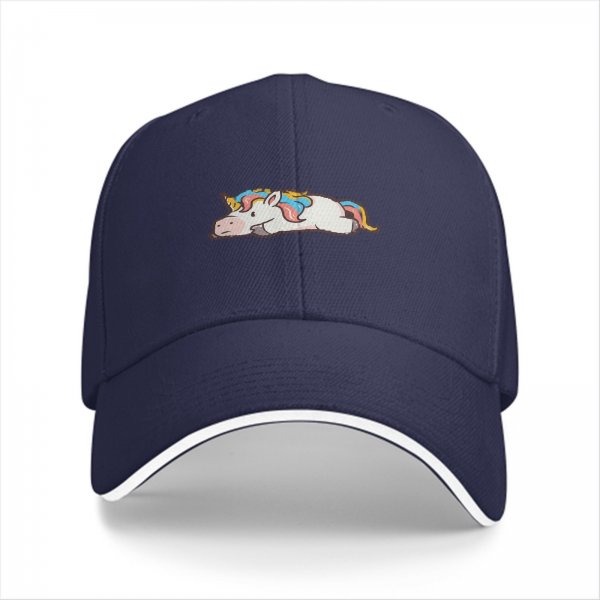 Black baseball cap with a cute lying rainbow unicorn graphic