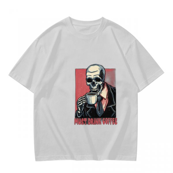 Olive T-shirt with Skeleton Drinking Coffee Must Drink Coffee Print