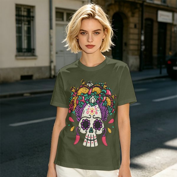 Olive T-Shirt with Day of the Dead Sugar Skull and Taco Food Art