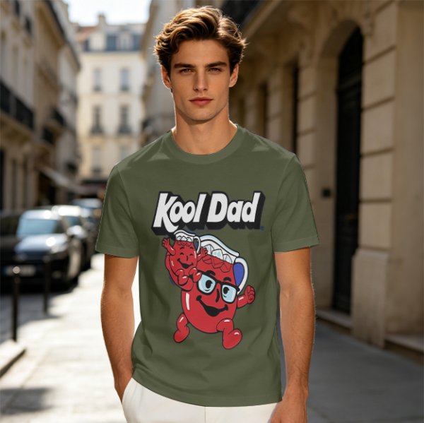 Olive green graphic t-shirt with Kool Dad and Kool-Aid mascot print