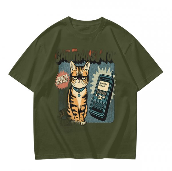 Olive T-Shirt With Grumpy Tabby Cat And Retro Cell Phone Print
