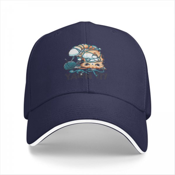 Black baseball cap with tangled orange cat and yarn it graphic