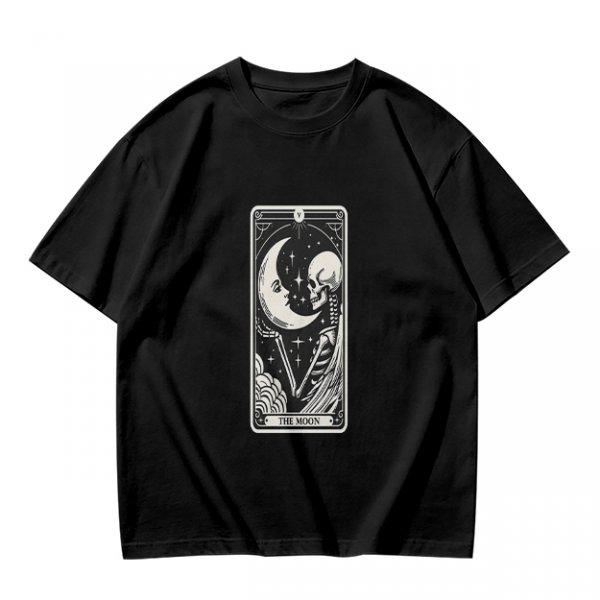 Olive t-shirt with The Moon tarot card skeleton and crescent moon print
