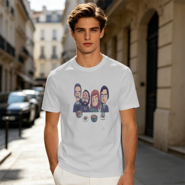 Olive T-shirt with Cartoon Group of Four People and Bowls Print