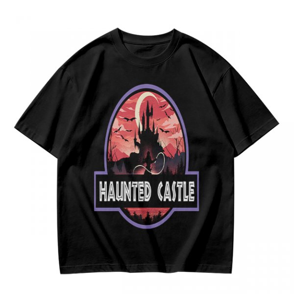 Olive T-Shirt with Haunted Castle Silhouette Graphic Design