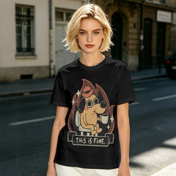 Olive T-Shirt Featuring the 'This Is Fine' Dog in Flames Holding Coffee