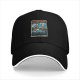 Black baseball cap with Stranger & Hobbs Upside Down Adventures graphic