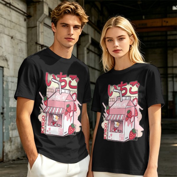 Olive T-Shirt with Strawberry Milk Carton Cat Shop Graphic