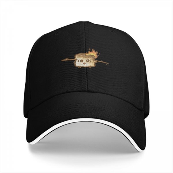 Black baseball cap with cute burning marshmallow graphic