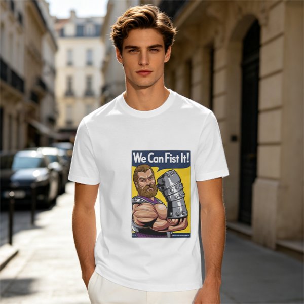 Olive graphic t-shirt with We Can Fist It! armored warrior print