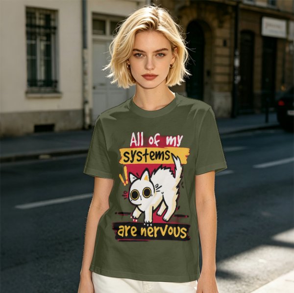 Olive graphic t-shirt with nervous white cat and 'All of my systems are nervous' text