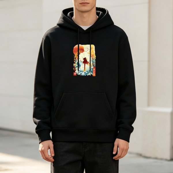Black Hoodie With Japanese Style Sunset Wave Graphic Print