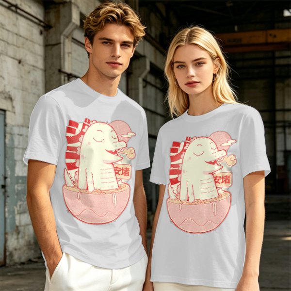 Olive t-shirt with a cartoon dinosaur in a ramen bowl graphic
