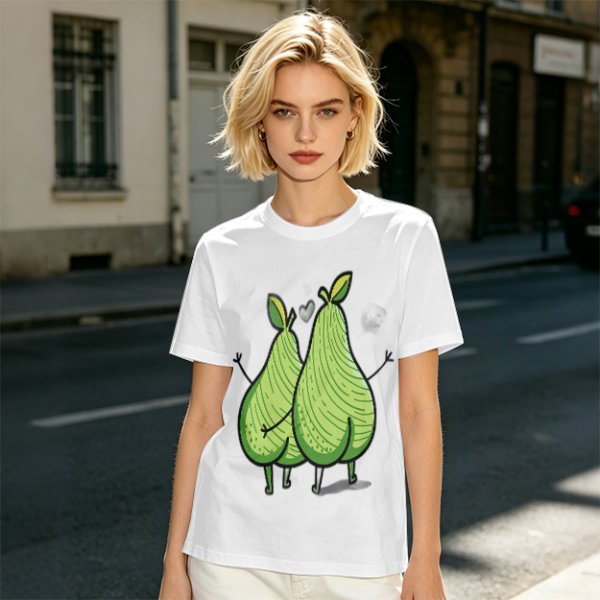 Olive Green T-Shirt With Two Cartoon Pears In Love Graphic