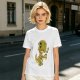 Olive T-shirt with a grumpy cartoon dinosaur holding a coffee mug