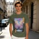 Olive T-shirt with Cyberpunk City Bridge Character Art Print