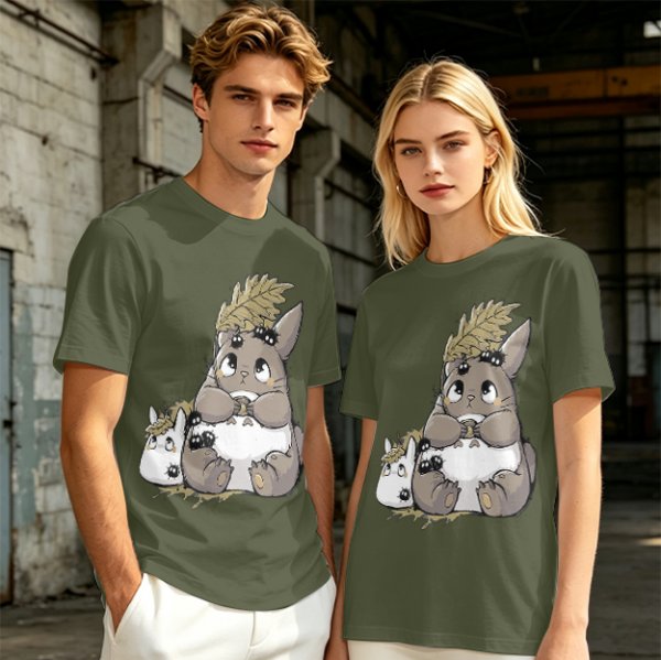 Olive T-Shirt With Cute Totoro And Soot Sprite Anime Print