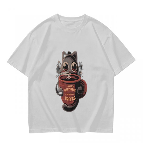 Olive t-shirt with a cartoon cat and coffee cup graphic