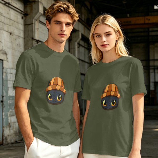 Olive T-Shirt Featuring a Cute Dragon Wearing a Striped Beanie