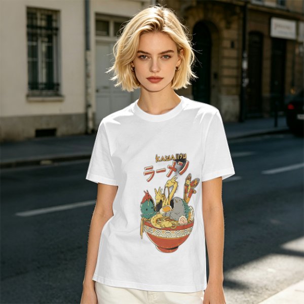 Olive T-Shirt with Kawaii Ramen Monster Bowl Graphic