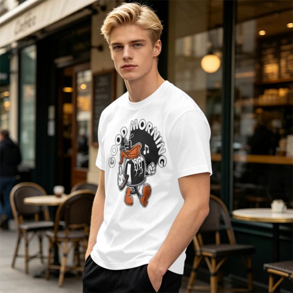 Olive t-shirt with retro coffee pot cartoon and Good Morning text