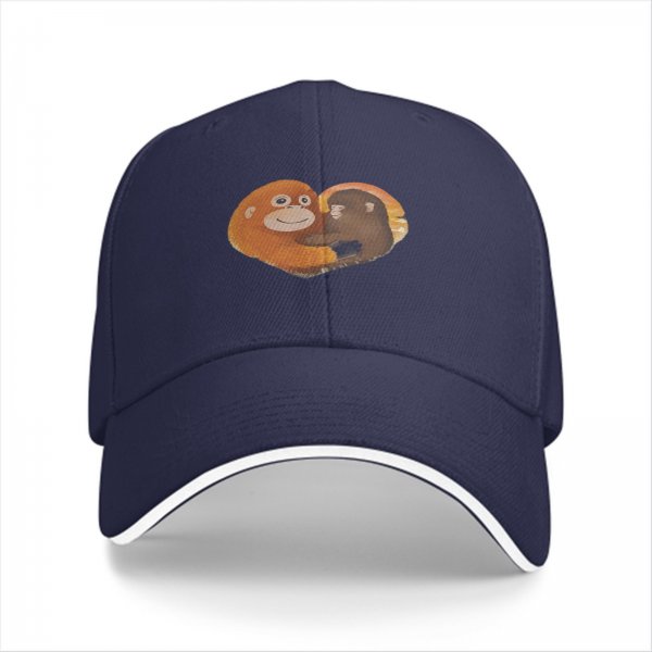 Black Baseball Cap With Hugging Monkeys Heart Design
