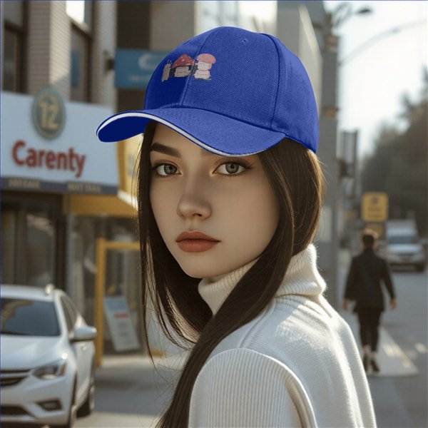 Black baseball cap with cute mushroom creature graphic print