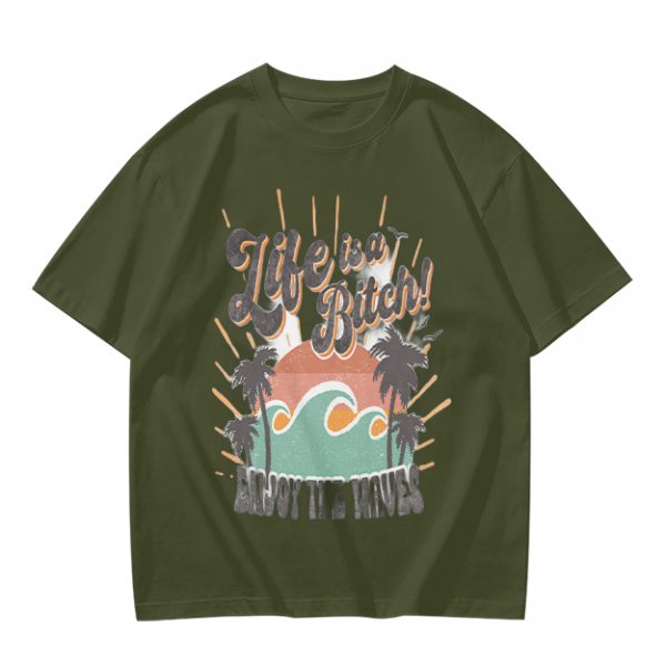 Olive graphic t-shirt with tropical sunset wave and palm tree print