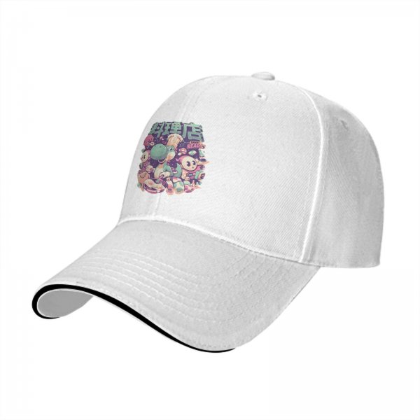 Black baseball cap with cute dinosaur chef and anime character graphic