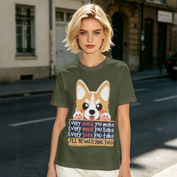 Olive t-shirt with corgi graphic and 'I'll Be Watching You' snack quote