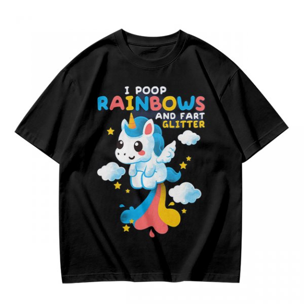 Olive t-shirt with playful unicorn rainbow poop and glitter fart graphic