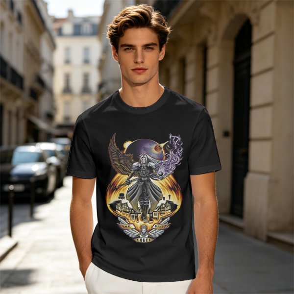 Olive T-shirt with dark fantasy winged warrior graphic print