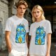 Olive T-Shirt With Blue Maneki-Neko Monster Graphic Print