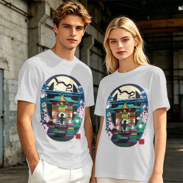 Spirited Away Bathhouse Graphic Tee with No Face and Dragon Art