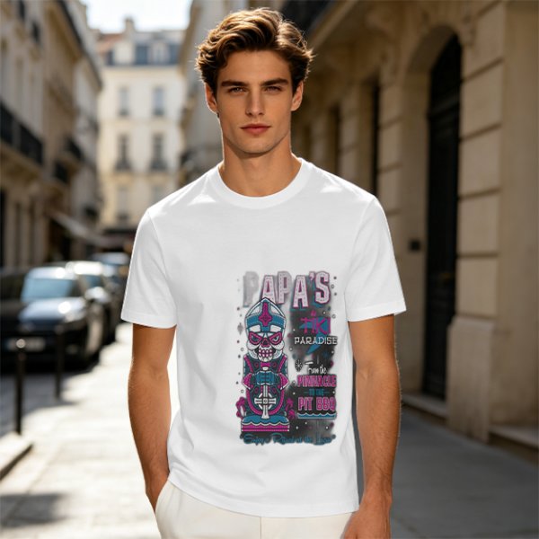 Olive T-Shirt with Papa's Tiki Paradise Skull Graphic