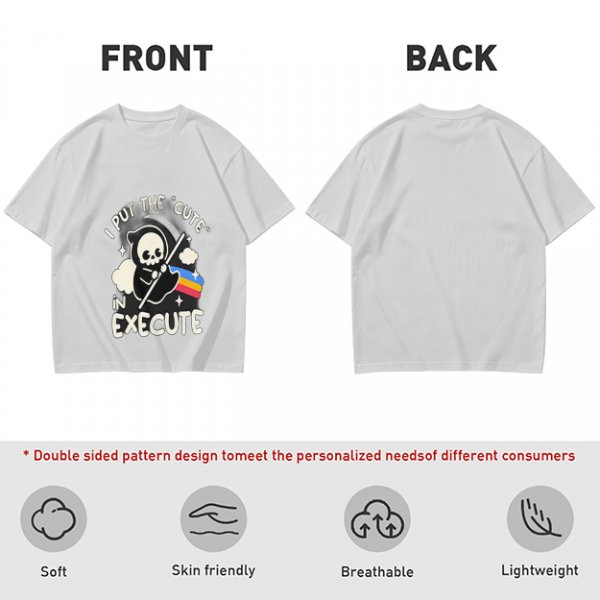 Olive t-shirt with cute grim reaper 'I put the cute in execute' print