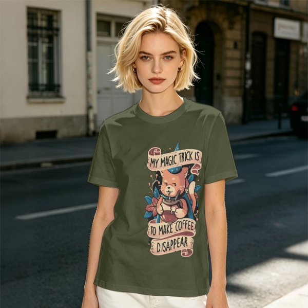 Olive t-shirt with a cat wizard making coffee disappear magic trick print