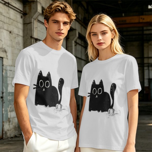 Oversized Army Green T-Shirt With Surprised Black Cat Graphic