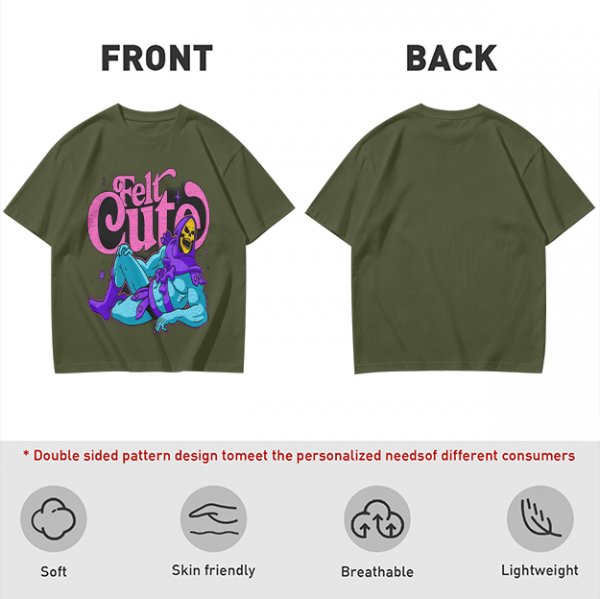Olive t-shirt with 'Felt Cute' Skeletor graphic print