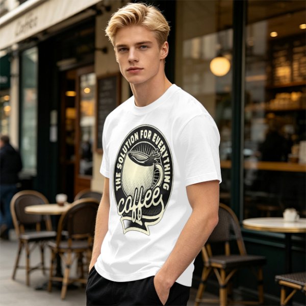 Olive t-shirt with coffee themed 'the solution for everything' print