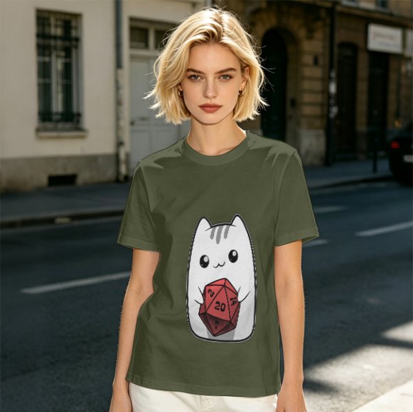 Olive T-Shirt With Cute White Cat Holding D20 Dice Print