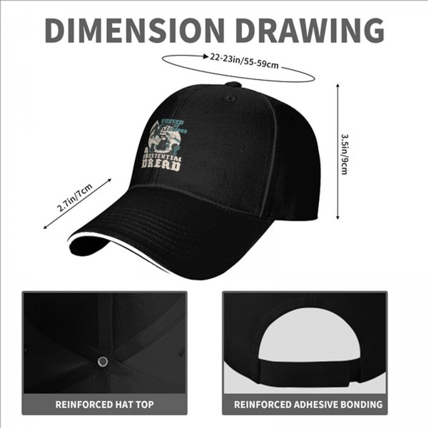 Black baseball cap with 'Fueled by Coffee & Existential Dread' grim reaper graphic